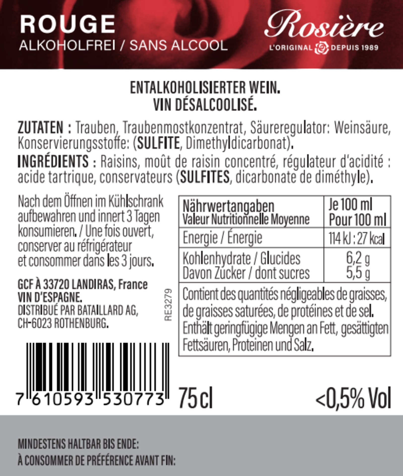 Rosière free red Rückenetikett