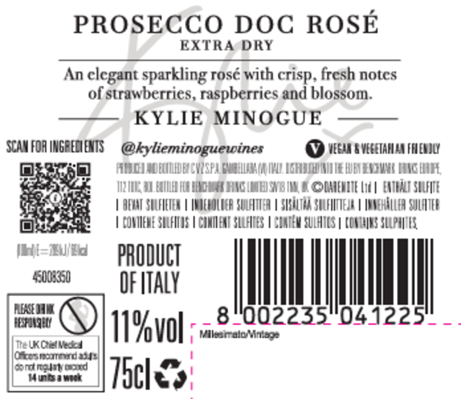 Kylie Minogue Prosecco DOC Rosé Rückenetikett