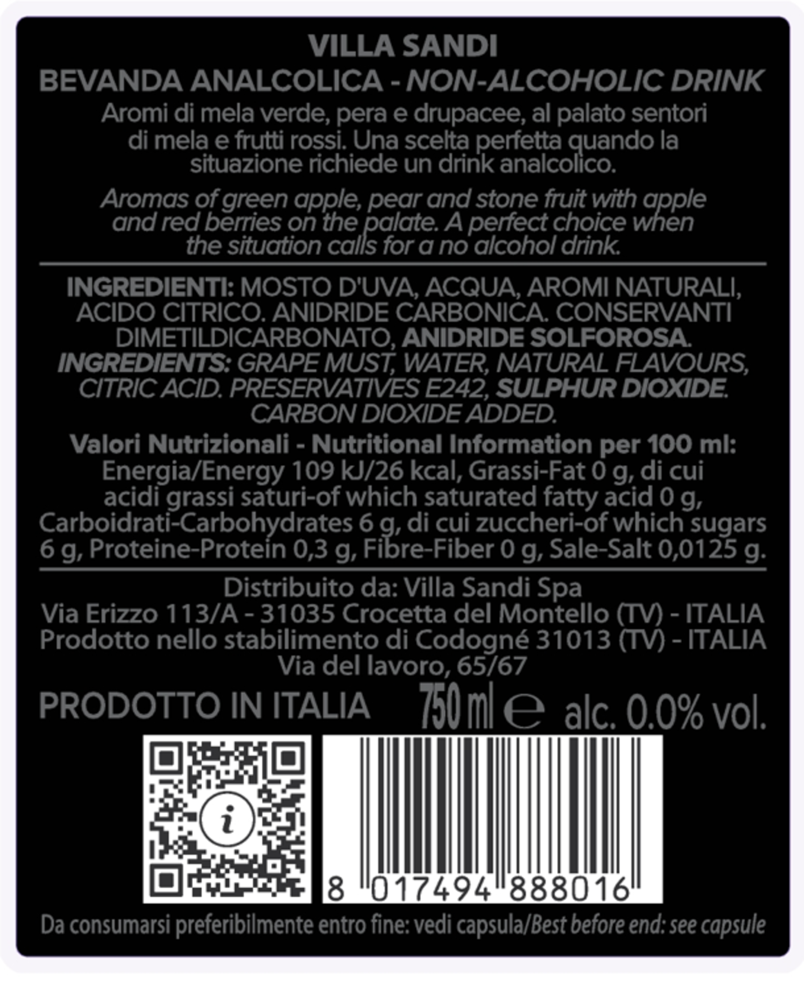 Villa Sandi 0.0% Sparkling Limited Edition Rückenetikett