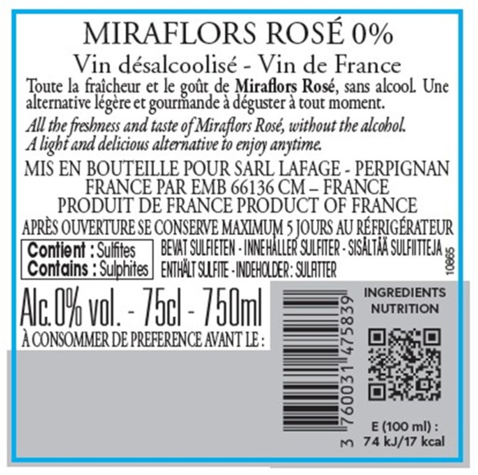 Miraflors Rosé 0% Rückenetikett