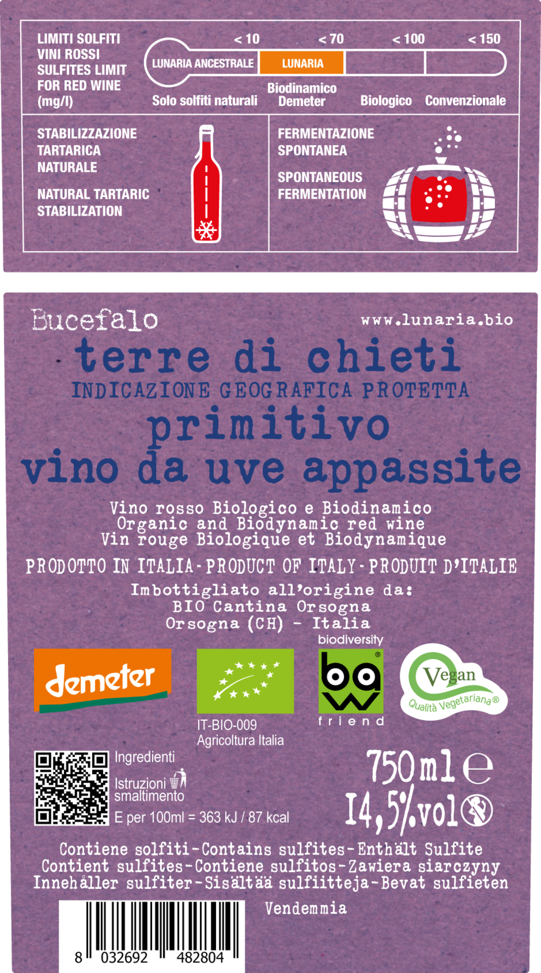 Lunaria - Bucefalo Primitivo Vino da Uve Appassite Rückenetikett